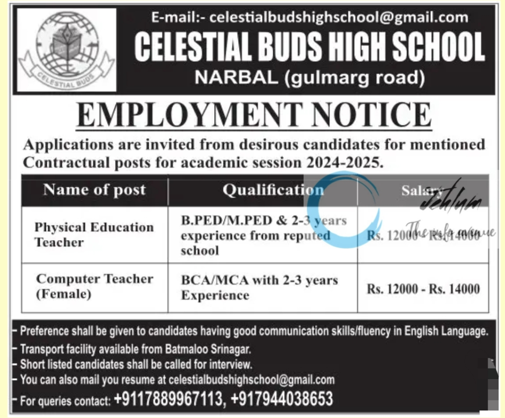 celestial buds high school employment notice for academic session 2024 2025