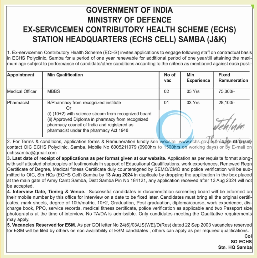 job openings at echs polyclinic, samba (j&k)