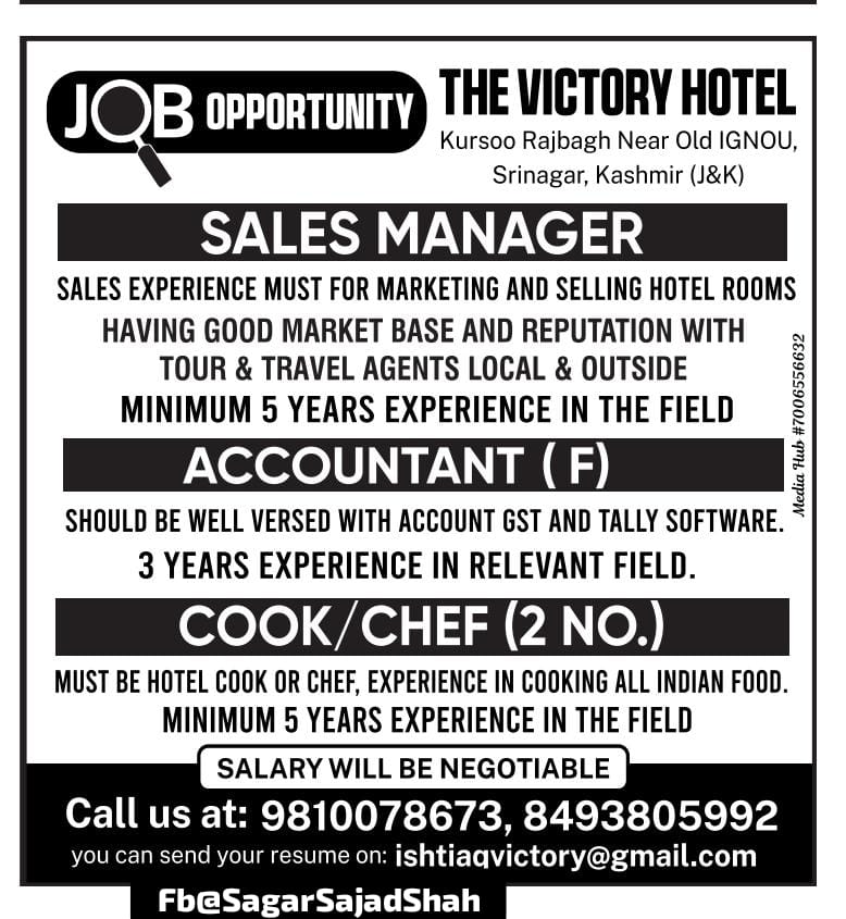 job opportunity at the victory hotel srinagar kashmir